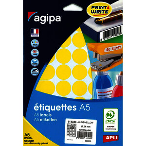 POCH DE 10 PLANCHES - 400 PASTILLES ADH JAUNE D24MM APLI