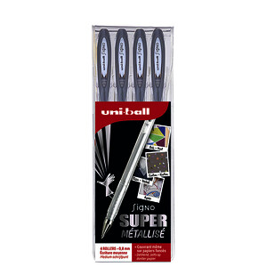 POCH 4 STYLOS GEL SIGNO  PTE MOY COL MÉTAL UNIBALL