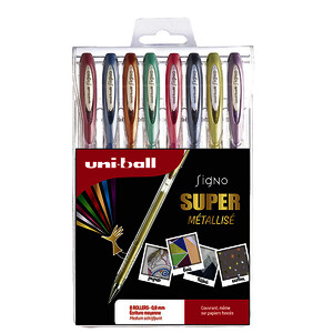 POCH 8 STYLOS GEL SIGNO BROAD PTE LARGE COL MÉTAL UNIBALL