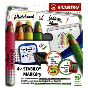 4 MARKDRY FLUOS + 1 TAILLE-CRAYONS + 1 CHIFFONNETTE STABILO