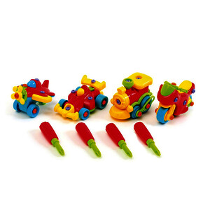 KIT DE 4 VÉHICULES MULTICOLORES DÉMONTABLES ET ACCESSOIRES